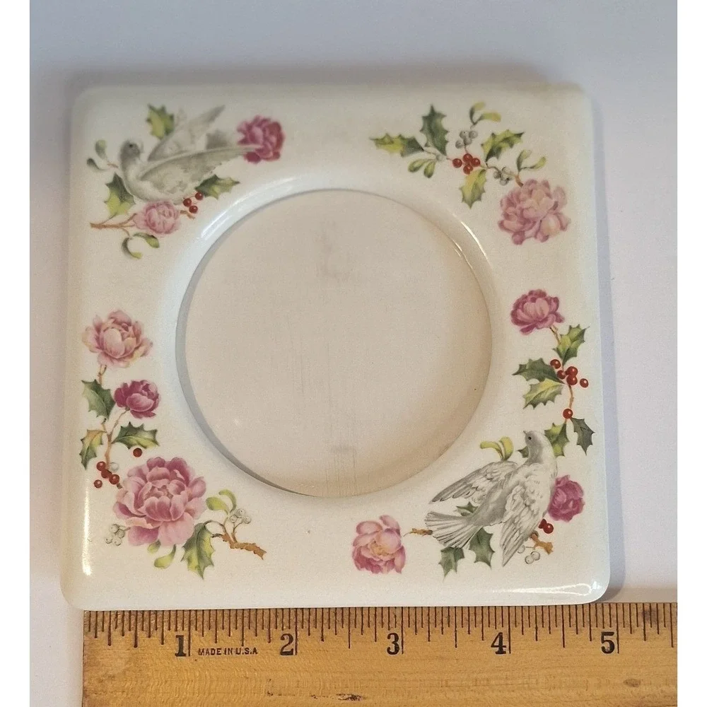 Vtg‎ Cottage Core Ceramic Square Picture Frame White Doves Peonies Holly Japan
